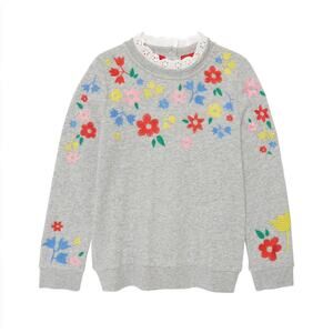 Boden Embroidered Girls T Shirt 7-8Y Cotton Heather Gray Turtleneck Long Sleeve